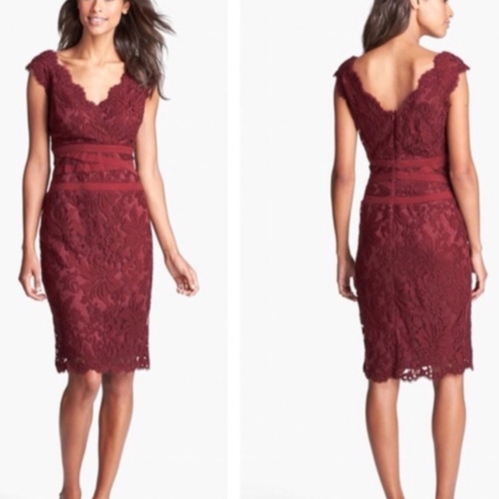 NWT Tadashi Shoji Amy Corded Embroidered Lace Dress Burgundy 14